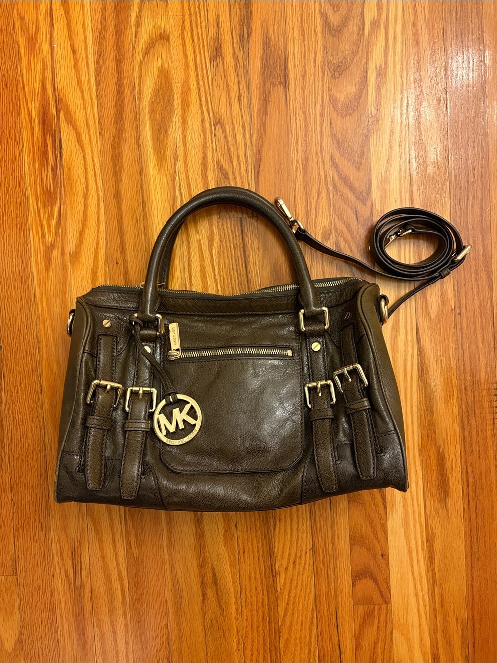Michael Kors Dark Green Leather Satchel with Gold Hardware